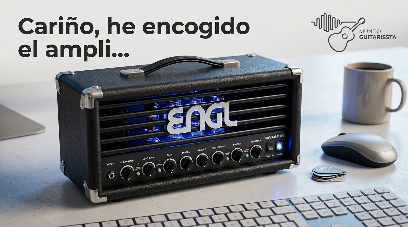 ENGL Savage 30: análisis de la novedad que acaba de aterrizar (y por qué le tengo ganas) 1 ENGL Savage 30 sobre un escritorio junto a un portátil y una taza de café, con el texto 'Cariño, he encogido el ampli'