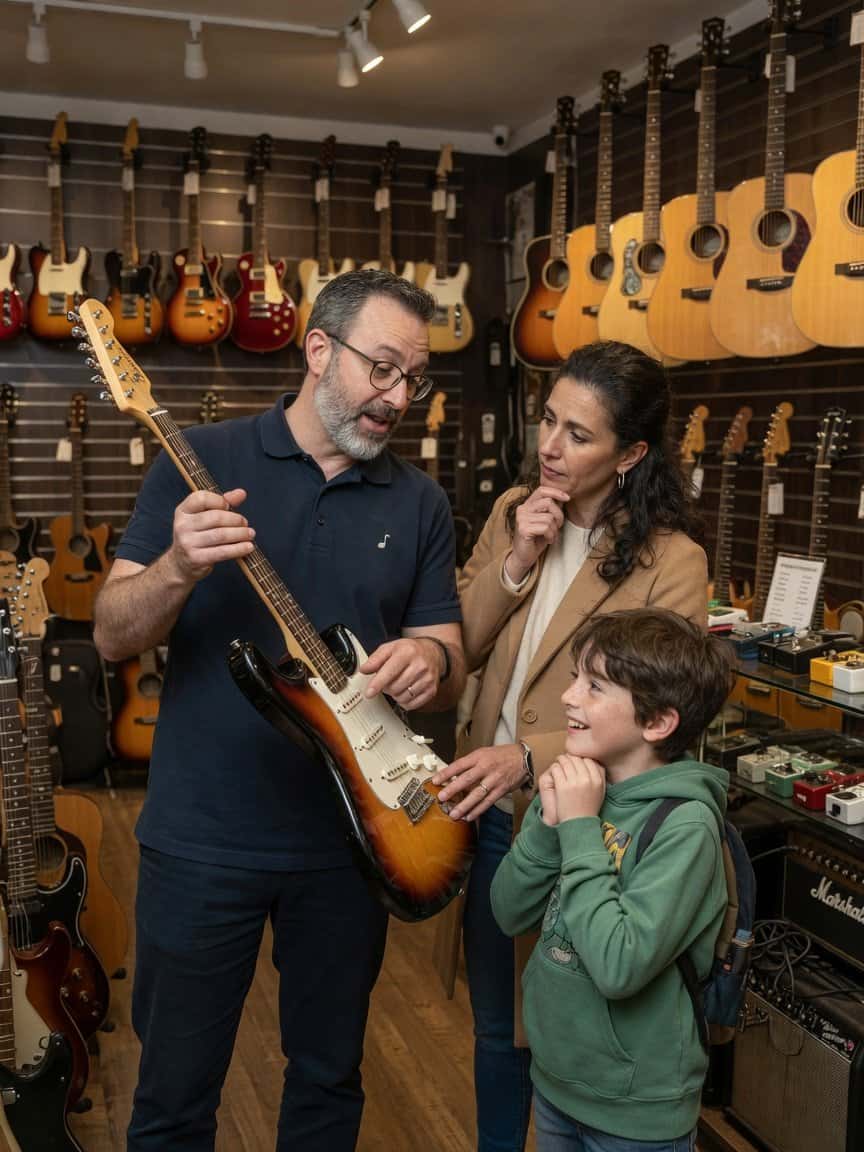 Cómo elegir tu primera guitarra: 8 claves esenciales que me habría gustado conocer 1 Empleade ayudando a una madre y su hijo a elegir una guitarra eléctrica en una tienda especializada