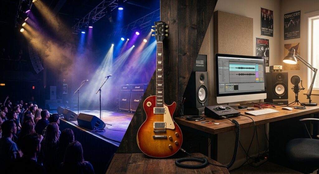 Cómo elegir tu primer amplificador: la guía que te ahorrará más de un dolor de cabeza 3 Imagen dividida entre un concierto en directo y un estudio de grabación casero con guitarra