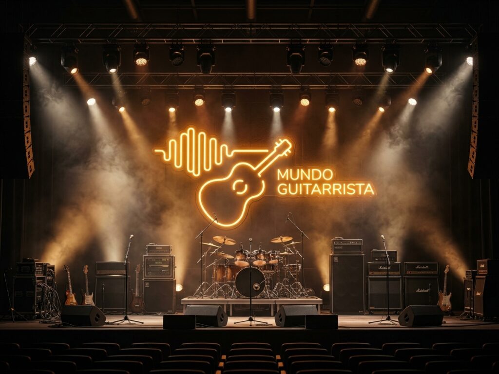 Inicio 10 Logo de la web Mundo GUITARRISTA con luz neón al fondo de un escenario de concierto.
