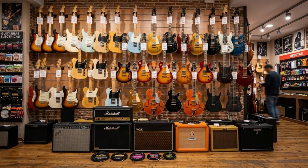 Cómo elegir tu primera guitarra: 8 claves esenciales que me habría gustado conocer 5 Guitarras eléctricas expuestas en una tienda especializada, junto a amplificadores