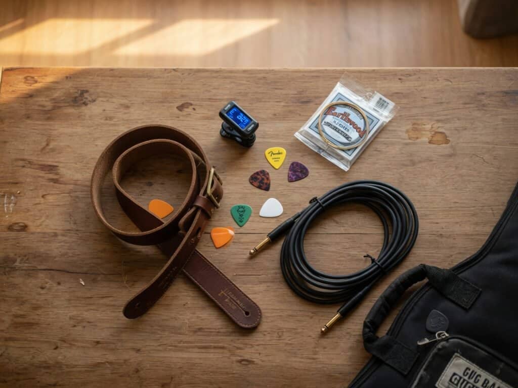 Cómo elegir tu primera guitarra: 8 claves esenciales que me habría gustado conocer 4 Accesorios básicos para guitarra: correa, afinador, púas, cuerdas de repuesto, cable y funda, sobre una mesa de madera