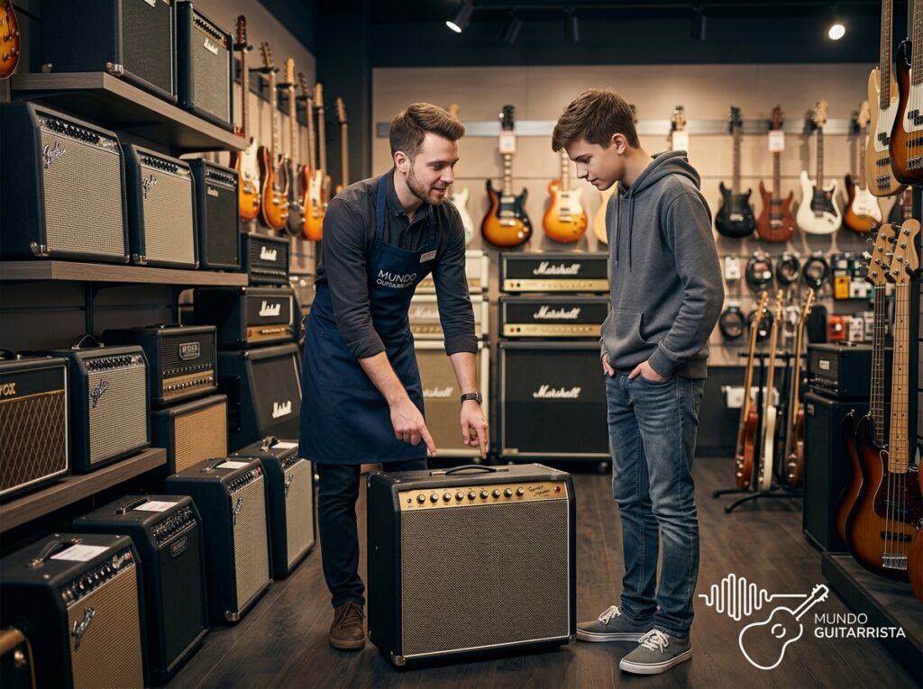 Cómo elegir tu primer amplificador: la guía que te ahorrará más de un dolor de cabeza 2 Empleado de tienda ayudando a un joven a elegir su primer amplificador de guitarra