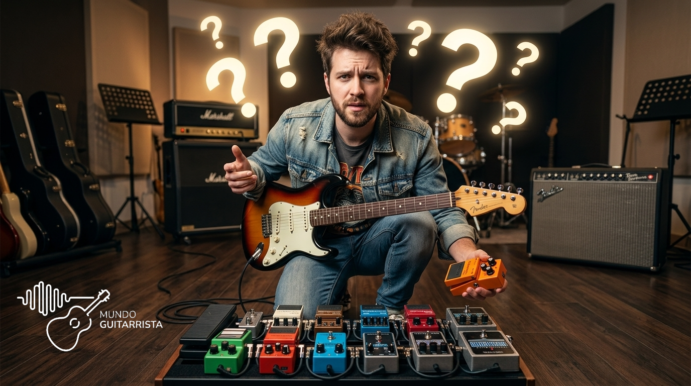 Guía indispensable de pedales de guitarra (I): los que van antes del amplificador, y cómo ordenarlos bien 2 Guitarrista observando una pedalera y preguntándose cuál es el orden de los pedales de guitarra.