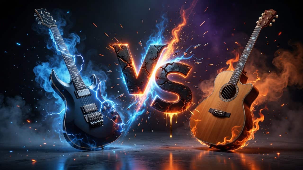Cómo elegir tu primera guitarra: 8 claves esenciales que me habría gustado conocer 3 Comparación ilustrada entre una guitarra eléctrica y una guitarra acústica, estilo enfrentamiento
