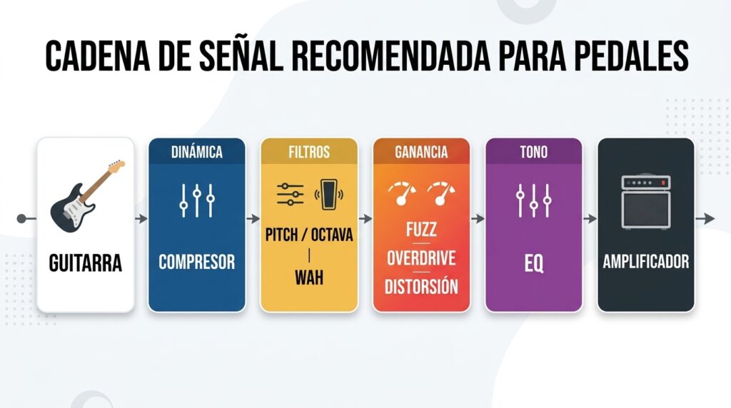 Guía indispensable de pedales de guitarra (I): los que van antes del amplificador, y cómo ordenarlos bien 9 Infografía de cadena de señal recomendada para pedales de guitarra: guitarra, compresor, pitch/octava, wah, fuzz, overdrive, distorsión, ecualizador y amplificador.