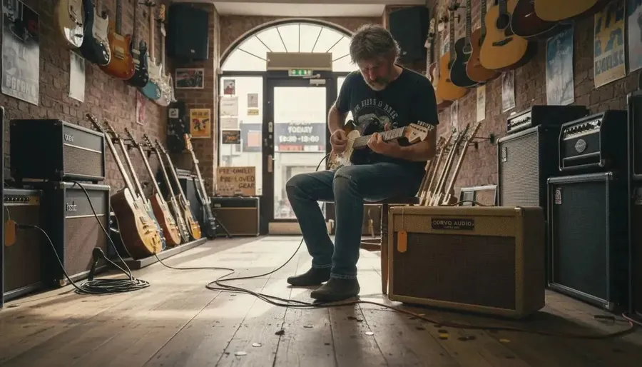 Guitarrista probando un amplificador en una tienda de guitarras de estilo vintage