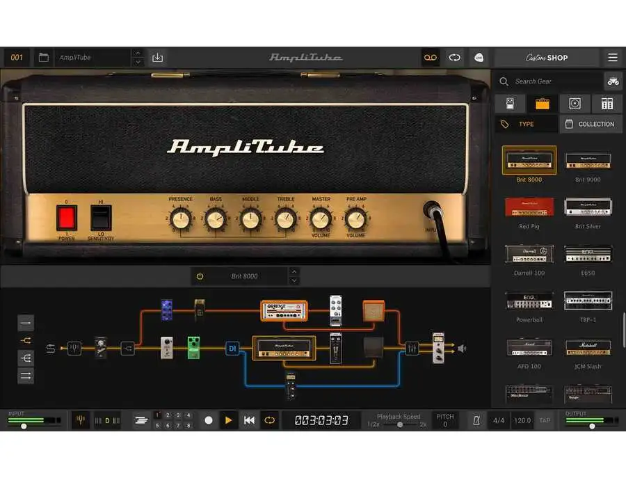 Captura de pantalla del software de simulación de amplificador AmpliTube