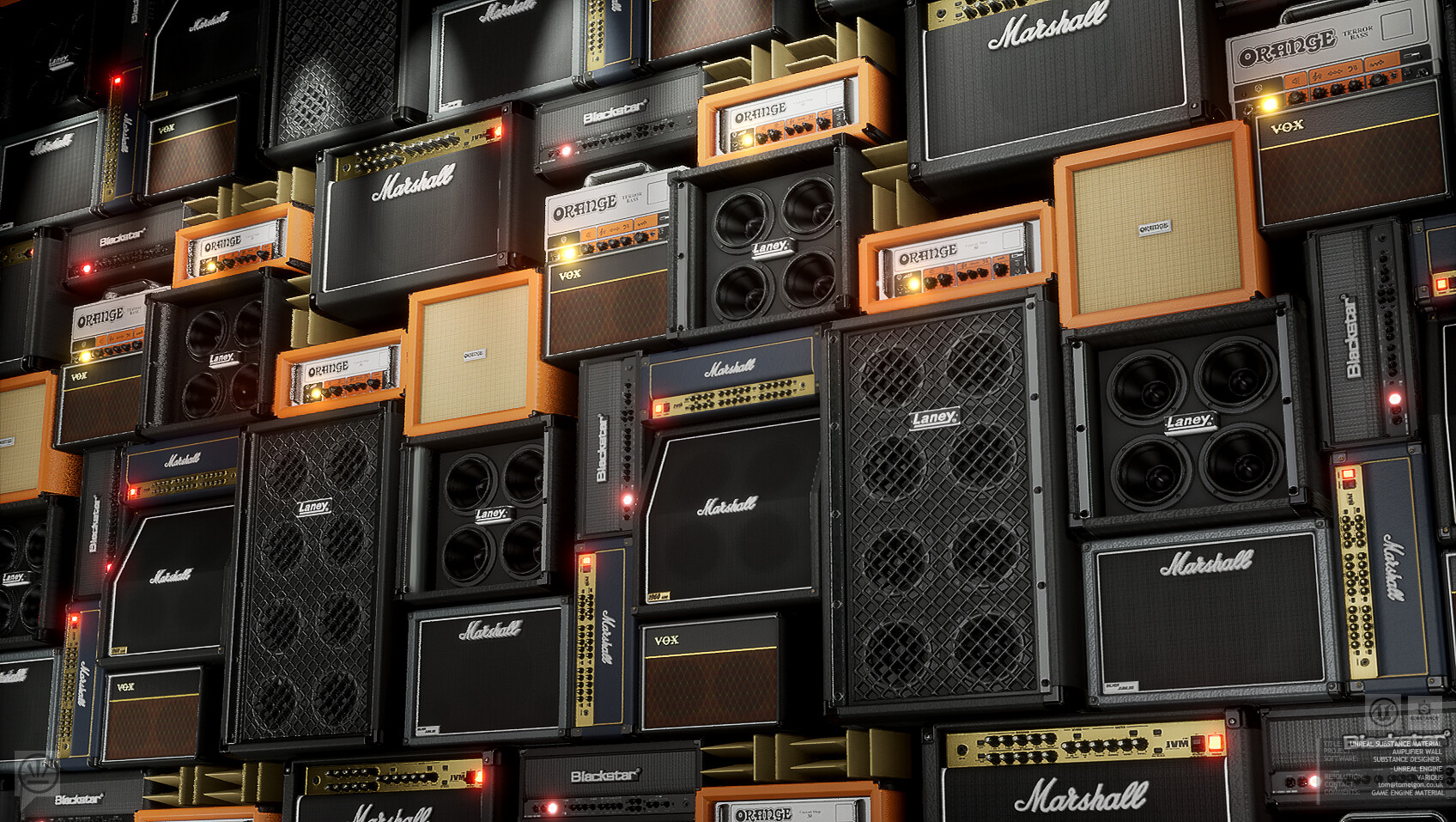 Cómo elegir tu primer amplificador: la guía que te ahorrará más de un dolor de cabeza 1 Pared de amplificadores de guitarra apilados de distintas marcas: Marshall, Orange, Vox, Blackstar y Laney