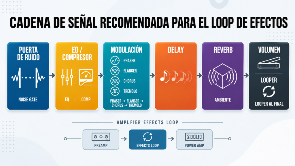 Guía indispensable de pedales de guitarra (II): pedales en el loop de efectos del amplificador 8 Infografía sobre la cadena de señal recomendada para los pedales en el loop de efectos de un amplificador de guitarra, mostrando el orden sugerido de puerta de ruido, ecualizador o compresor, efectos de modulación, delay, reverb, pedal de volumen y looper entre el preamplificador y la etapa de potencia.