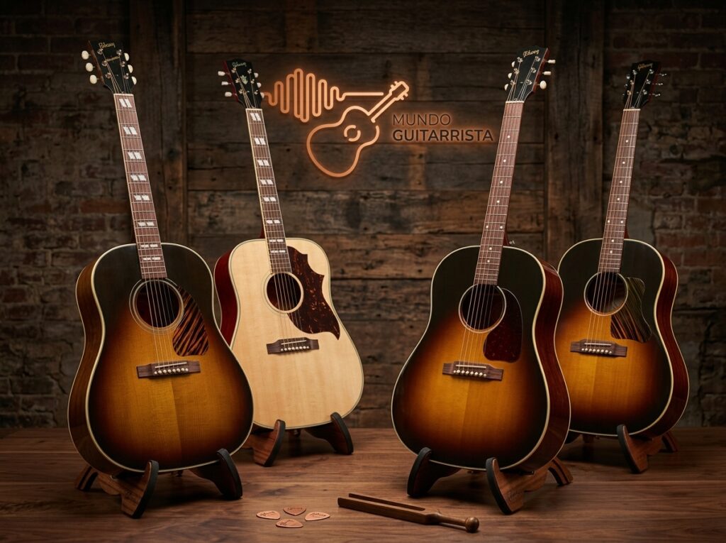 Gibson HiFi DNA: análisis de las 4 acústicas de la Original Collection con sistema Baggs 2 Comparativa visual de cuatro guitarras acústicas Gibson de la serie Original Collection: Gibson Southern Jumbo 40s Original, Gibson Country Western 60s Original AN, Gibson J-45 Original Vintage Sunburst y Gibson J-45 60s Original FB VS, expuestas sobre soportes de madera en un entorno de estudio con fondo rústico y el logotipo de Mundo GUITARRISTA al fondo.