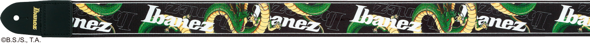 Ibanez Dragon Ball Z: análisis de la colección oficial que llegará en 2027 (RG japonesa, bajo, Tube Screamer y más...) 10 Correa para guitarra Ibanez Dragon Ball Z Collaboration decorada con ilustraciones repetidas de Shenron, el dragón legendario de Dragon Ball, sobre fondo negro, acompañadas del logotipo Ibanez en blanco y remates de cuero negro con el logotipo de la marca en color dorado.