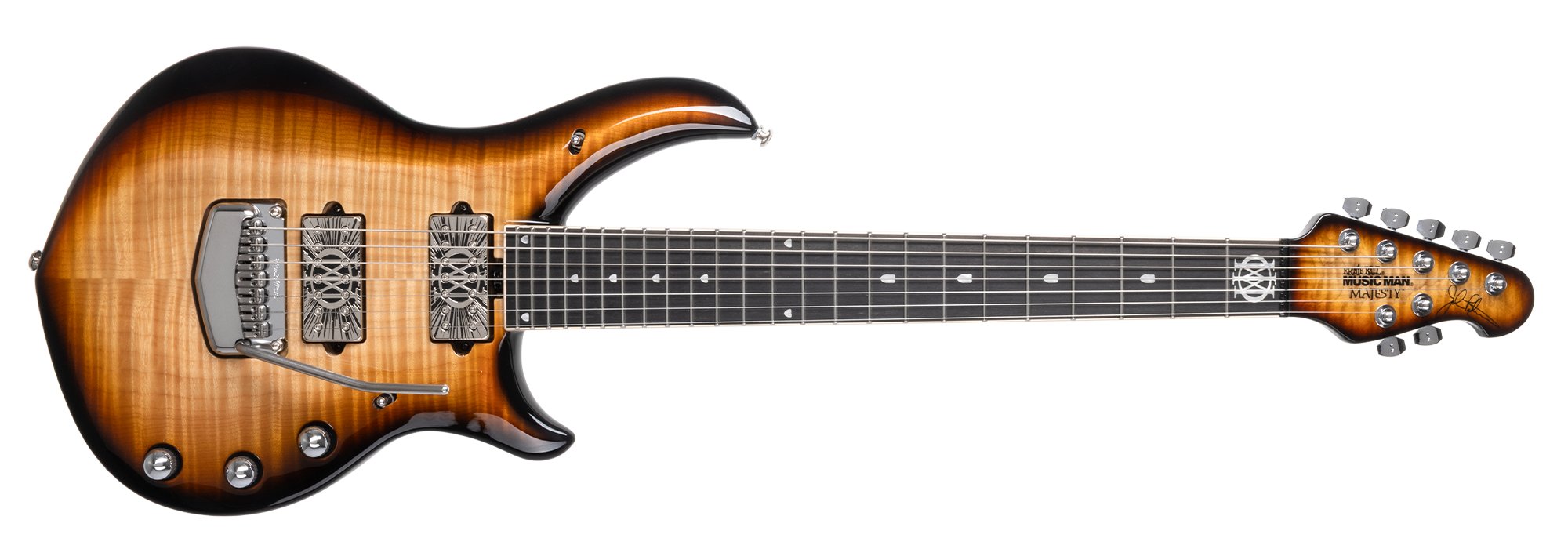 Ernie Ball Music Man BFR Majesty Blonde Roast de siete cuerdas, guitarra eléctrica signature de John Petrucci con acabado Blonde Roast sobre tapa de arce flameado, equipada con dos pastillas humbucker DiMarzio, puente vibrato personalizado Music Man, diapasón de rango extendido para siete cuerdas, 24 trastes y cuerpo ergonómico de diseño moderno, presentada sobre fondo blanco.