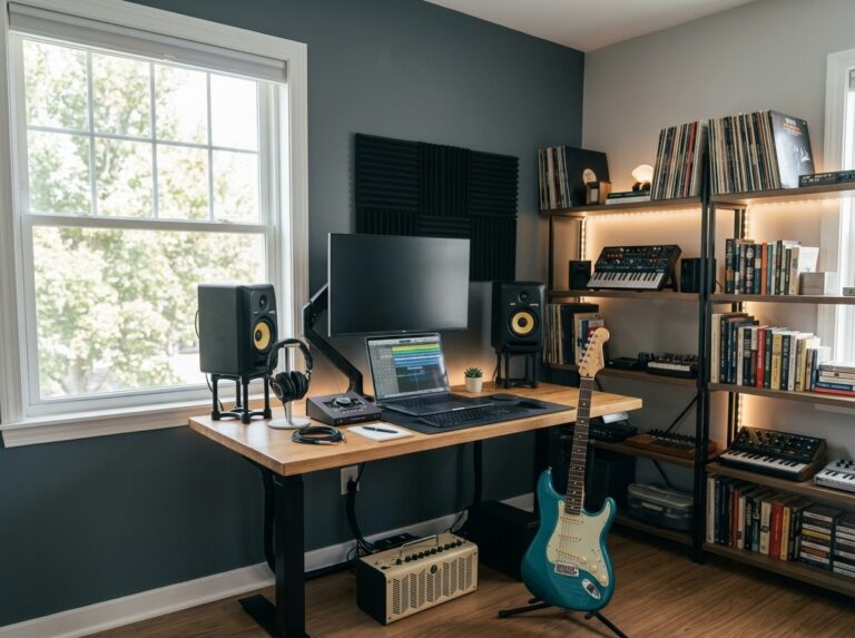 Cómo grabar guitarra en casa: todo el equipo que necesitas (guía completa) 13 Estudio casero para grabación musical con ordenador, monitores de referencia, interfaz de audio, auriculares y guitarra eléctrica sobre soporte, acompañado de tratamiento acústico y estanterías con vinilos y equipos de producción musical.