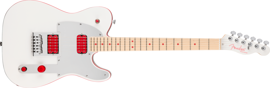 Primer plano de una Fender John 5 Ghost Telecaster de acabado blanco con detalles rojos, equipada con dos pastillas humbucker rojas, golpeador blanco, controles personalizados en rojo y diapasón de arce, presentada sobre fondo blanco.