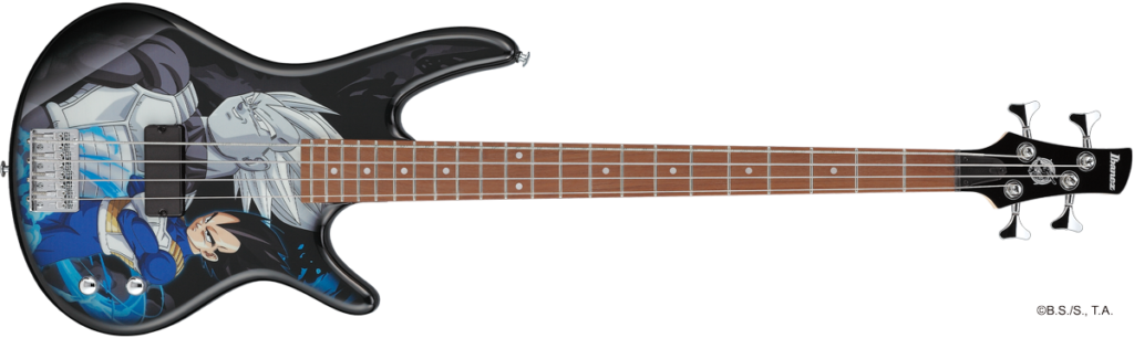 Ibanez Dragon Ball Z: análisis de la colección oficial que llegará en 2027 (RG japonesa, bajo, Tube Screamer y más...) 4 Bajo eléctrico Ibanez Dragon Ball Z Collaboration para principiantes, basado en la serie GIO, con acabado negro brillante decorado con ilustraciones de Vegeta y Trunks, configuración de pastilla dividida tipo Precision, diapasón de jatoba y diseño de cuatro cuerdas orientado a músicos que se inician en el instrumento.