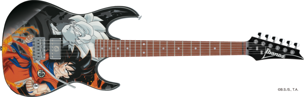 Ibanez Dragon Ball Z: análisis de la colección oficial que llegará en 2027 (RG japonesa, bajo, Tube Screamer y más...) 3 Guitarra eléctrica Ibanez Dragon Ball Z Collaboration para principiantes, con ilustración de Son Goku y Son Gohan Super Saiyan sobre el cuerpo, puente de trémolo estilo vintage, una pastilla humbucker, diapasón de jatoba y acabado artístico inspirado en el universo Dragon Ball Z, presentada sobre fondo blanco.