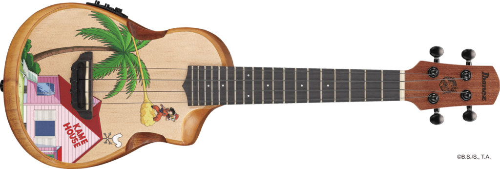 Ibanez Dragon Ball Z: análisis de la colección oficial que llegará en 2027 (RG japonesa, bajo, Tube Screamer y más...) 5 Ukelele Ibanez Dragon Ball Z Collaboration con ilustración de la Kame House, una palmera y Son Goku volando sobre la nube Kinton, acabado natural con gráficos inspirados en el universo Dragon Ball Z, diapasón oscuro y clavijero personalizado con el logotipo de la colaboración.