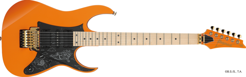 Ibanez Dragon Ball Z: análisis de la colección oficial que llegará en 2027 (RG japonesa, bajo, Tube Screamer y más...) 2 Ibanez RG Dragon Ball Z Collaboration con acabado naranja inspirado en Son Goku, equipada con configuración de pastillas HSH, puente Floyd Rose dorado, diapasón de arce y golpeador negro decorado con ilustraciones grabadas de personajes y elementos de Dragon Ball Z.
