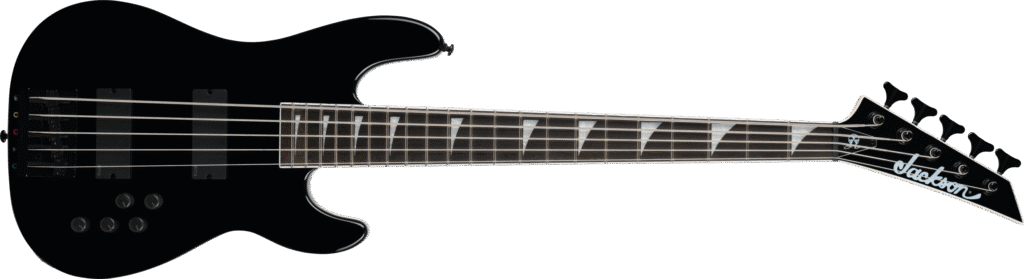 Jackson Legend Series: análisis de las reediciones limitadas de Randy Rhoads, Scott Ian, Marty Friedman y David Ellefson 9 Bajo eléctrico Jackson Legend Series Limited Edition Signature David Ellefson CB V Concert Bass de cinco cuerdas en acabado negro brillante, equipado con dos pastillas EMG, controles activos de ecualización, diapasón oscuro con incrustaciones Sharkfin y clavijero Jackson de cinco afinadores, mostrado sobre fondo blanco.