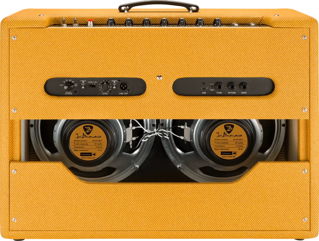 Vista trasera del amplificador Fender Tone Master '59 Twin Reverb JB Edition con acabado tweed, mostrando los dos altavoces Celestion JB-85 Neo de 12 pulgadas, salida XLR balanceada, conexión USB, loop de efectos, entrada para footswitch y controles de atenuación de potencia y simulación de pantalla.