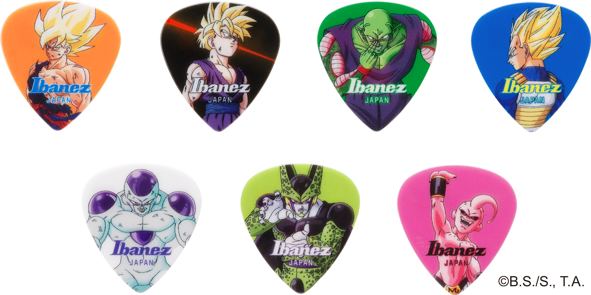 Ibanez Dragon Ball Z: análisis de la colección oficial que llegará en 2027 (RG japonesa, bajo, Tube Screamer y más...) 11 Juego de púas de la colección Ibanez Dragon Ball Z Collaboration, con diseños inspirados en personajes de Dragon Ball Z como Goku, Gohan, Piccolo, Vegeta, Freezer, Cell y Majin Buu, impresos sobre púas de distintos colores con el logotipo de Ibanez Japan.