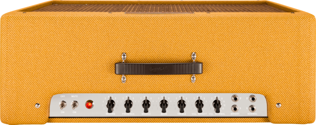 Fender Tone Master 59 Twin JB: análisis del primer amplificador digital firmado por Bonamassa 5 Vista superior del panel de control del amplificador Fender Tone Master '59 Twin Reverb JB Edition con acabado tweed, mostrando los controles de reverb, presencia, ecualización, volumen para canales Bright y Normal, entradas de instrumento, interruptores de encendido y mute, y asa de transporte integrada.