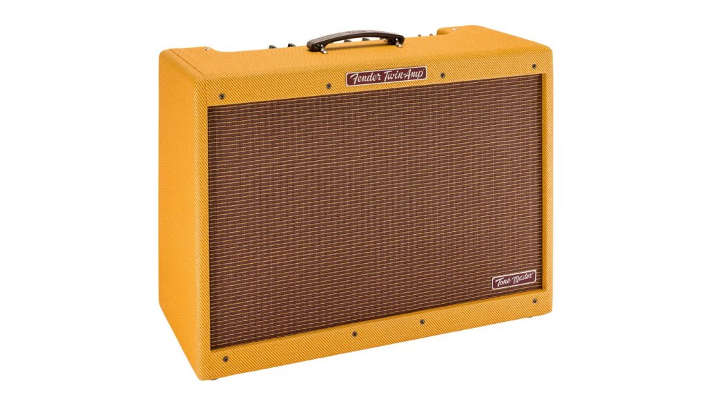 Vista frontal en perspectiva del amplificador Fender Tone Master '59 Twin Reverb JB Edition con acabado tweed, rejilla marrón y diseño inspirado en los clásicos Fender Twin, equipado con configuración de doble altavoz para guitarra eléctrica.